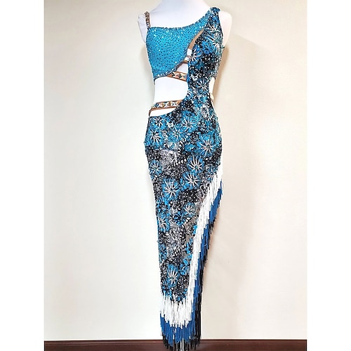 Damen Latein Tanzkleid blau Strass Ausschnitt Bodycon Fransen Kostüm für Cha Cha Samba Paso Doble Performance Wettbewerb Image