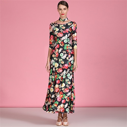 Ballsaal-Tanzkleid mit Blumenmuster für Damen – A-Linien-Kleid mit 3/4-Ärmeln und Halsband für Wettbewerbe, Latein und Tanzveranstaltungen – Schwarz mehrfarbig Image