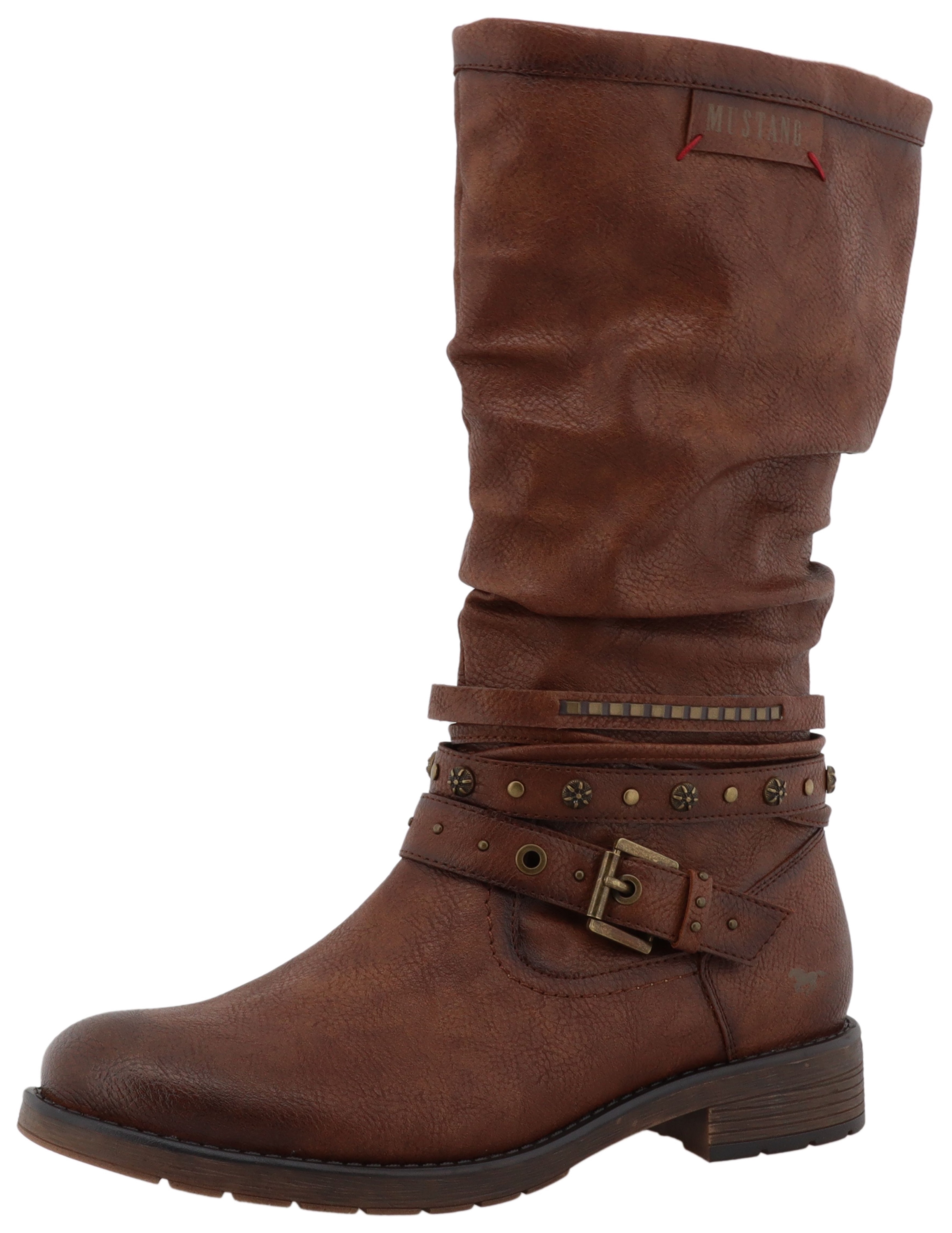 Winterstiefel MUSTANG SHOES "Elfi", Damen, Gr. 37, Normalschaft, braun (cognac), Lederimitat, Basic, Schuhe Winterstiefel, Stiefel mit Zierriemchen und Blockabsatz