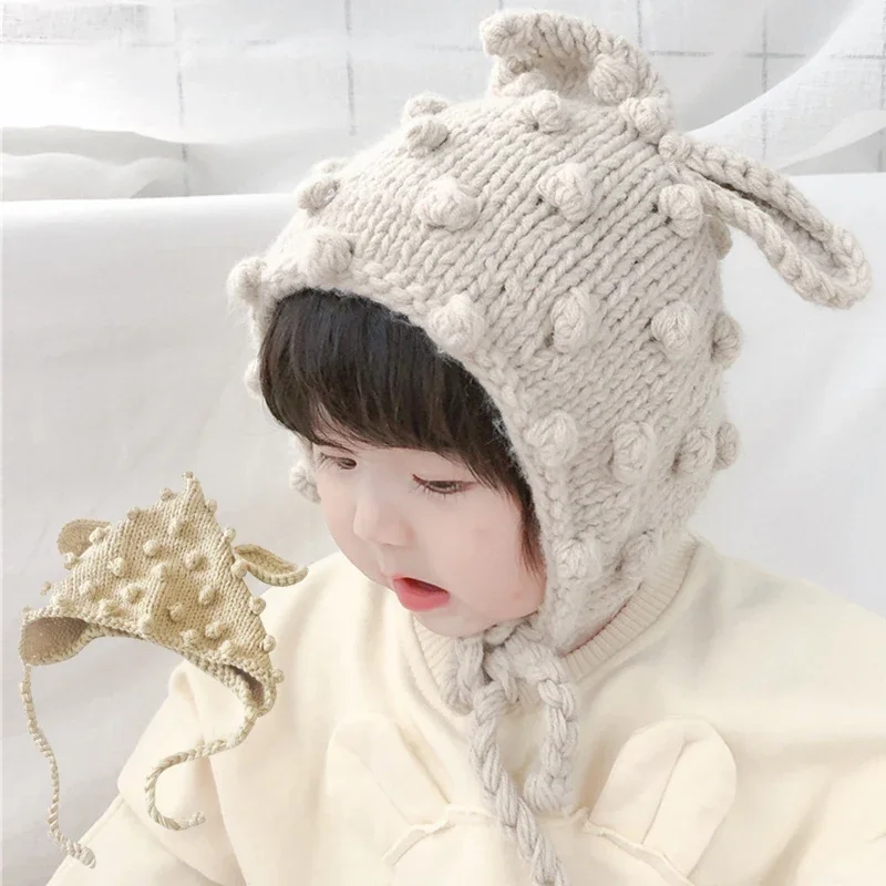Winter Baby Gestrickte Schnürung Kappe Niedlichen Cartoon Warme Ohrenschützer Mützen Kinder Einfarbig Schnürung Ohr Schutz Hüte Image