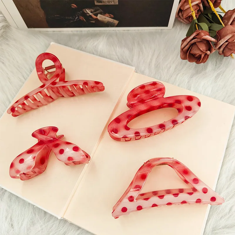 Süße rosa Erdbeere Polka Dot geometrische Ellipse Dreieck Kreuz Haarspange Klaue elegante Hai große Pferdeschwanz Clip Haar-Accessoire