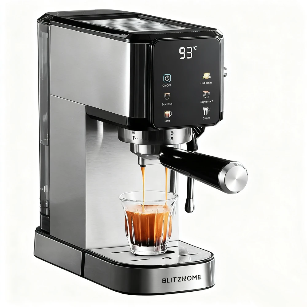 BlitzHome CM5105 Halbautomatische Espressomaschine 20 Bar 1350 W mit Touchscreen-Steuerung, Tassenwärmer, 1 l abnehmbarer Wassertank