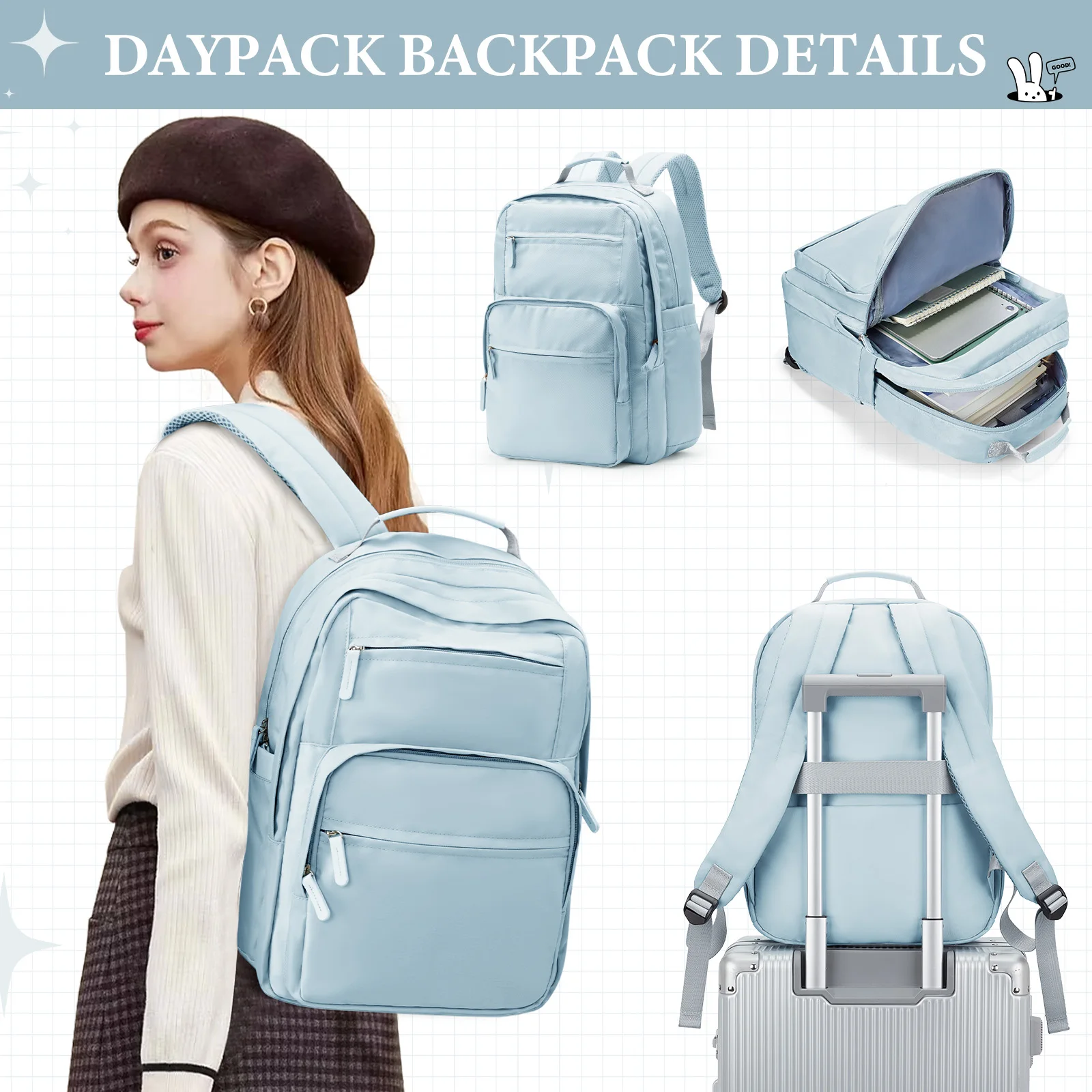Sac à dos décontracté en nylon, sac à dos pour femme, design multi-poches en bleu clair durable pour l'école, l'école primaire et l'adolescent
