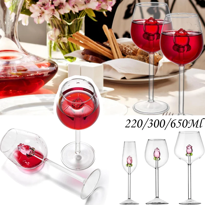 1/2 Stück kreative 3D-Rosen-Rotweingläser, rosa Rose, eingebauter Kelch für Restaurants, Partys, Bar, klare Glastasse, Valentinstagsgeschenke Image