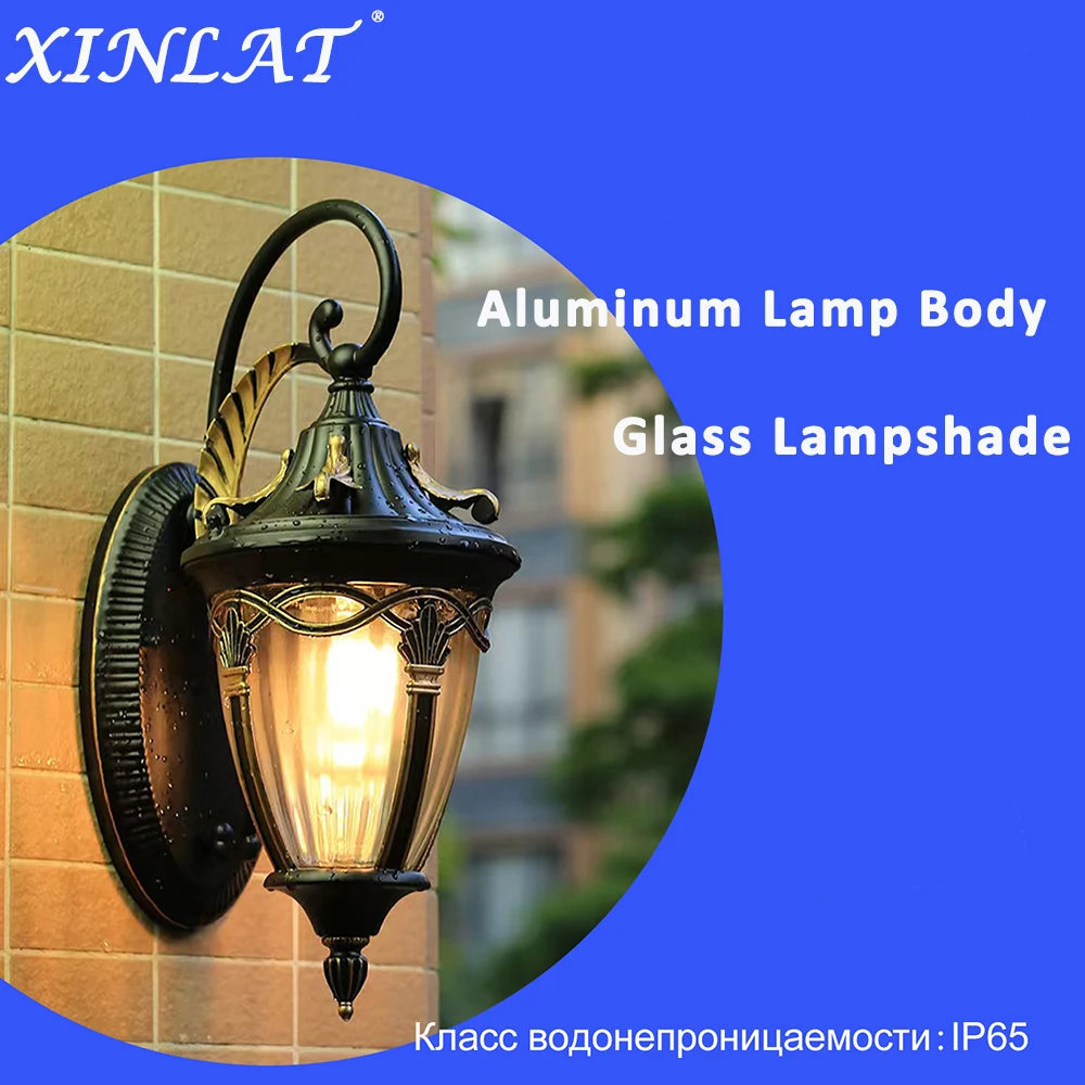 XINLAT Applique murale d'extérieur Lampe de porche étanche Applique e27 Luminaires de rue Luminaires de jardin rétro Luminaires muraux d'entrée Grandes dimensions Lampe en verre noir et or Luminaires