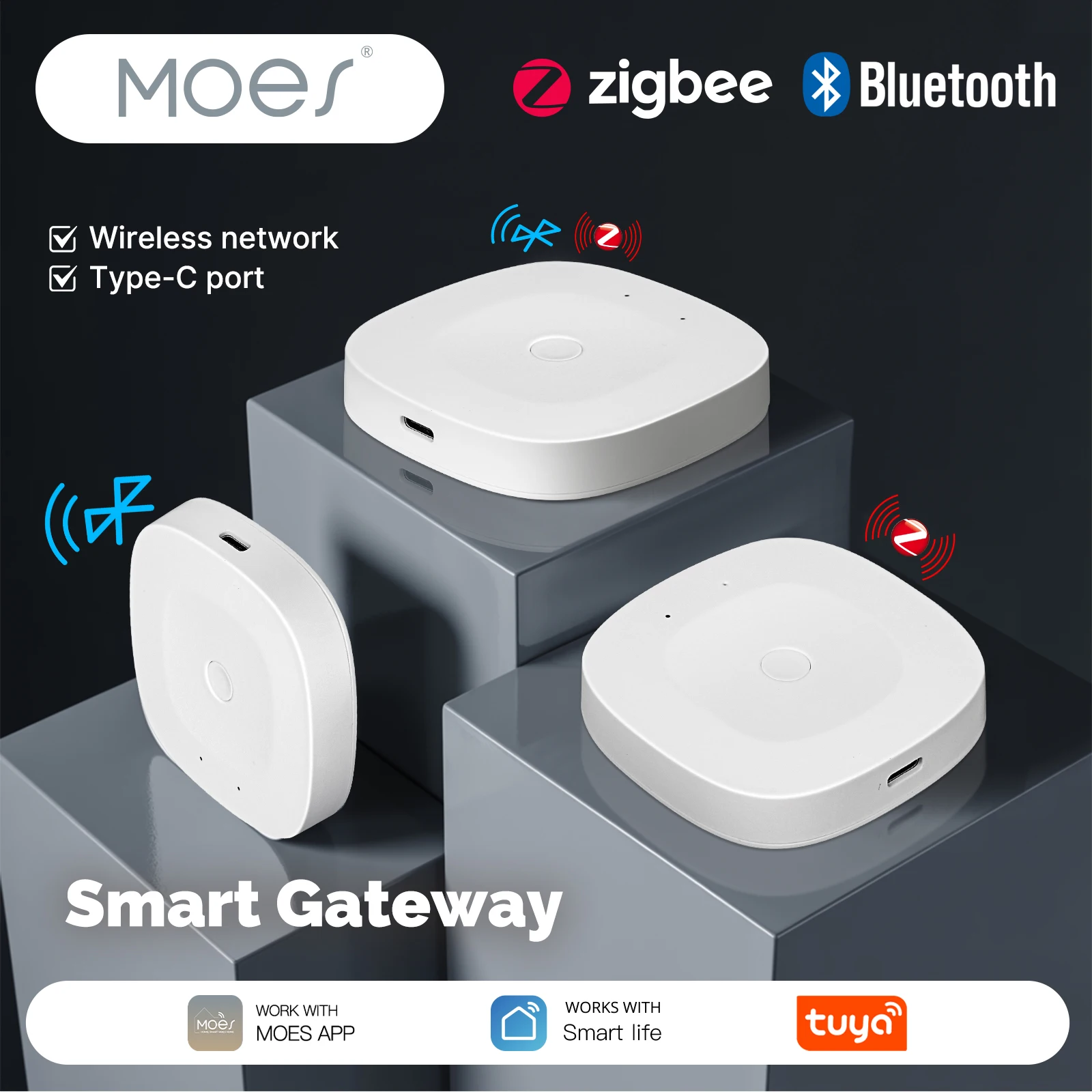 MOES Smart Home Hub, Bluetooth/ZigBee/Multi-Mode-Gateway, kompatibel mit Tuya App, Alexa Google Home, Typ-C-Anschluss, drahtloses Netzwerk Image