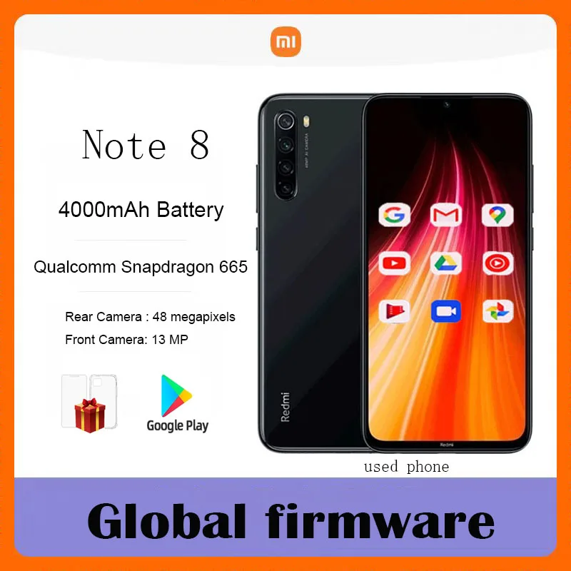 Global Firmware Xiaomi Redmi Note 8 Smartphone with Phone Case Original Android Phone 4000mAh Battery Quad Cmaera Used phone