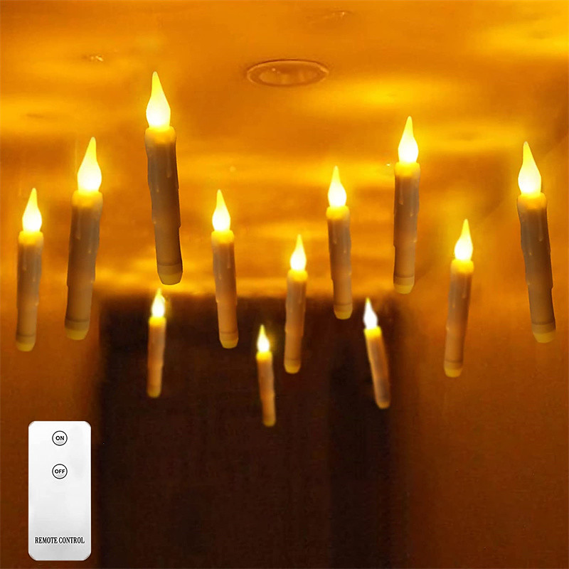 12Pcs Christmas Floating Candles with Remote Control LED Flameless Candles Hanging Flameless Candlesticks LED Taper Candles with Hooks Flickering Battery Operated for Halloween Church Home Christmas