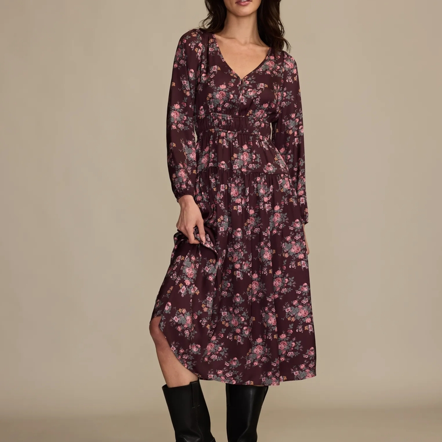 Lucky Brand Long Sleeve Floral Midi Dress - Women's Clothing Dresses Shirt Midi Dress in Burgundy Floral, Size XS