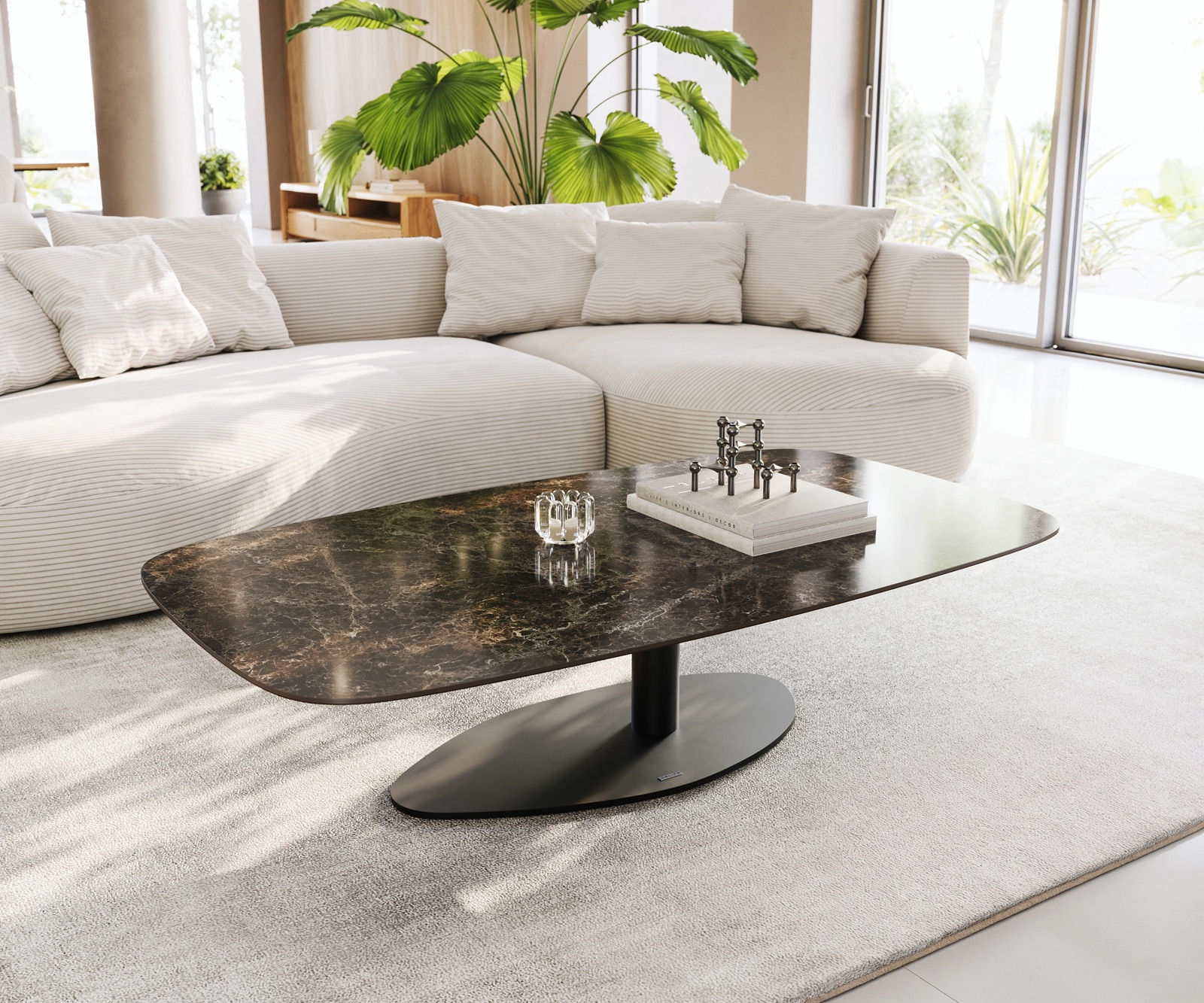 DELIFE Couchtisch Edge Boot 140x80 cm Keramik Laminam® Emperador Extra Lucidato Dunkelbraun Vibany Metall Schwarz, Couchtische Image