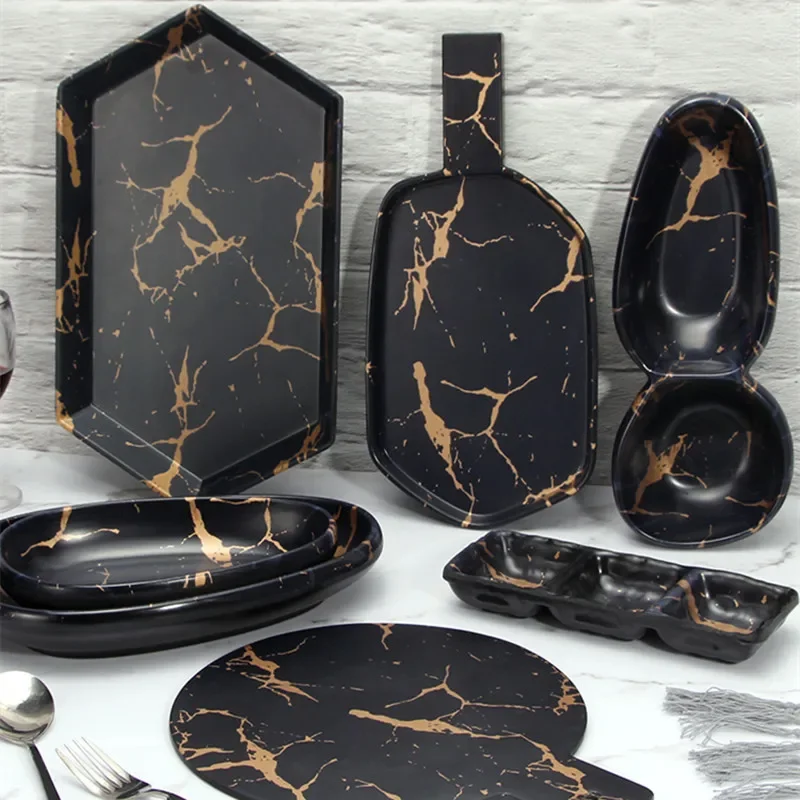 Marmor Textur Nachahmung Melamin Platte BBQ Geschirr Kuchen Obst Platten Snack Tablett Outdoor Party Gerichte Steak Image