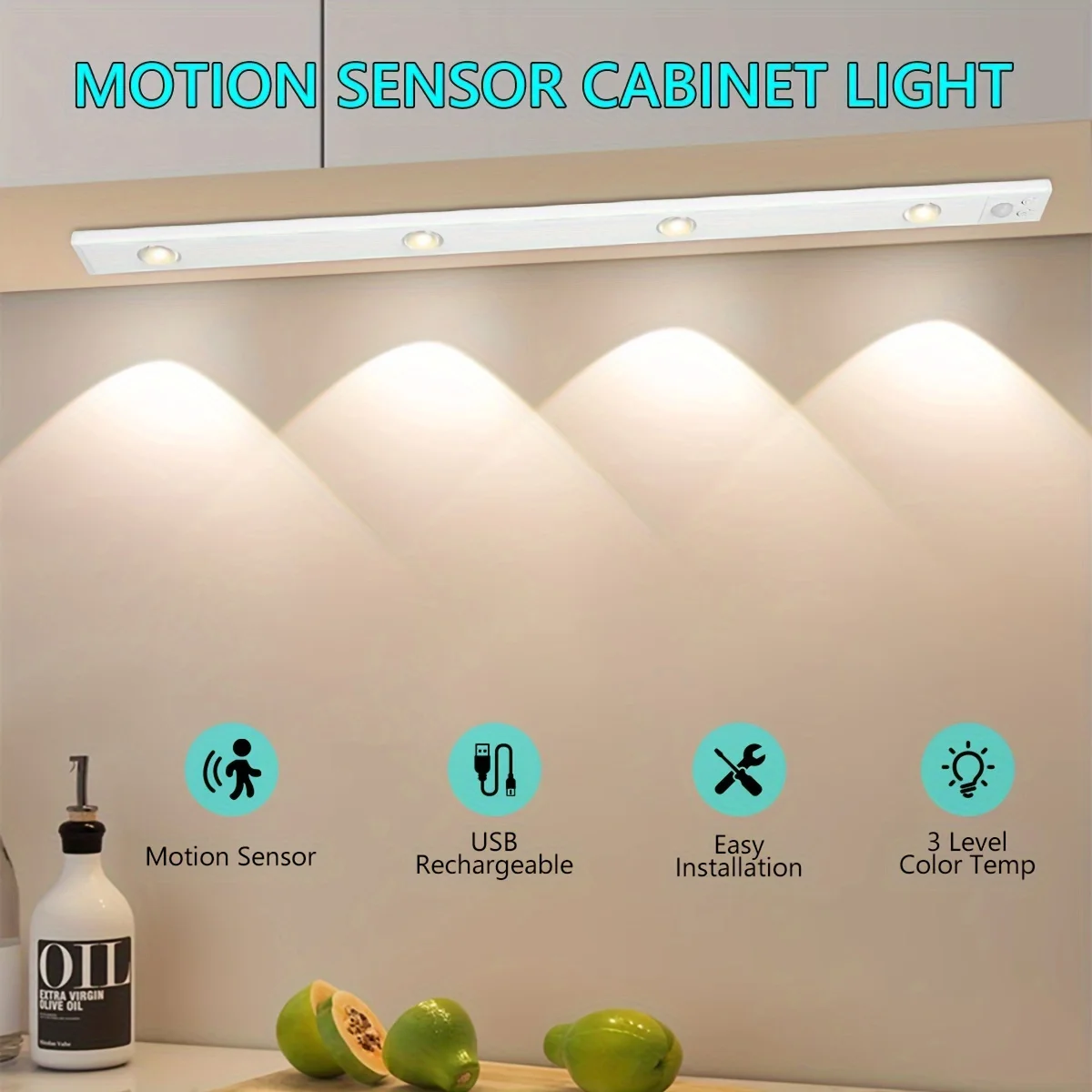 Unterschrankbeleuchtung, Bewegungsmelder, Nachtlicht für den Innenbereich, 3-farbiges Schranklicht, wiederaufladbares Unterzählerlicht für Küche und Schlafzimmer