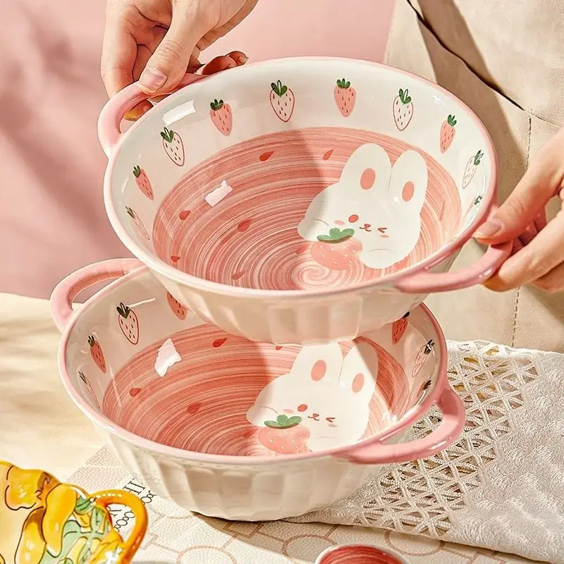 Strawberry Rabbit Ceramic Bowl, Double-eared Soup Bowl, Household Noodle Soup Bowl, Cute and Girlish Large Bowl Tableware