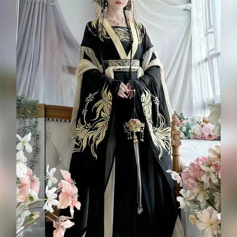 Chinesisches traditionelles Hanfu-Kleid, lang, große Ärmel, bestickt, für Damen, Karneval, Halloween, altes Cosplay-Kostüm Image
