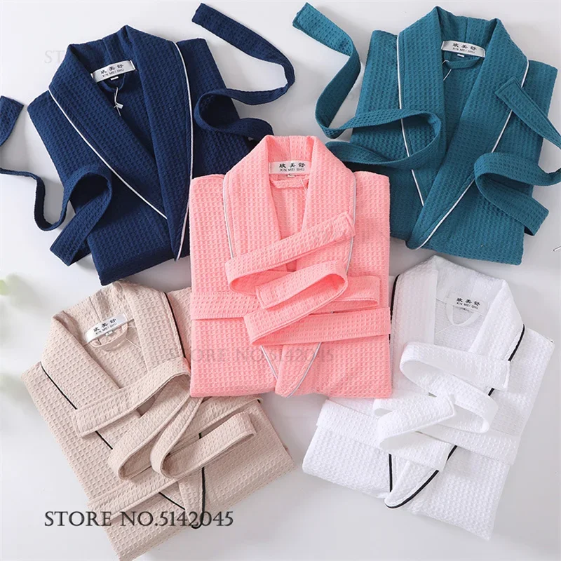 Baumwolle Waffel Bademantel Kimono Kleid Frühling Herbst Paar Robe Nachtwäsche Loungewear Lose Beiläufige Nachtwäsche Hause Dressing Kleid Image