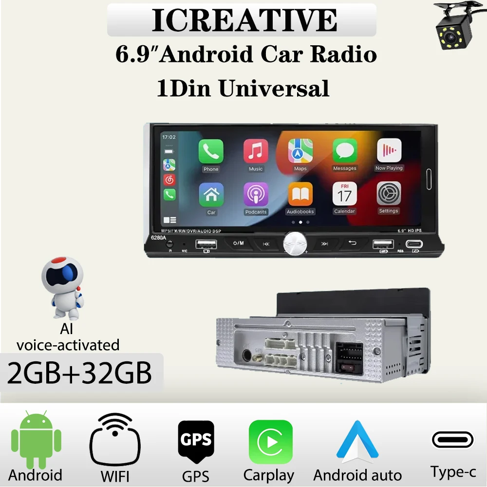 1din Autoradio Android 6.9 ''HD Multimedia-Player Universal Carplay Wireless Mirror Link Smart Autoradio DPS WLAN Navigation GPS Image