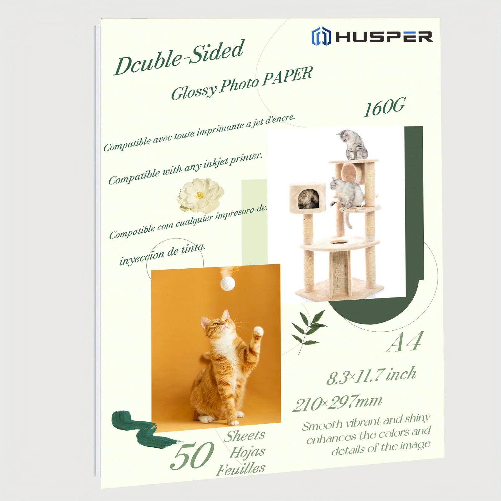 HUSPER A4 (8,3 x 11,7 Zoll), 50 Blatt, 160 g doppelseitiges, glänzendes Inkjet-Fotopapier Image