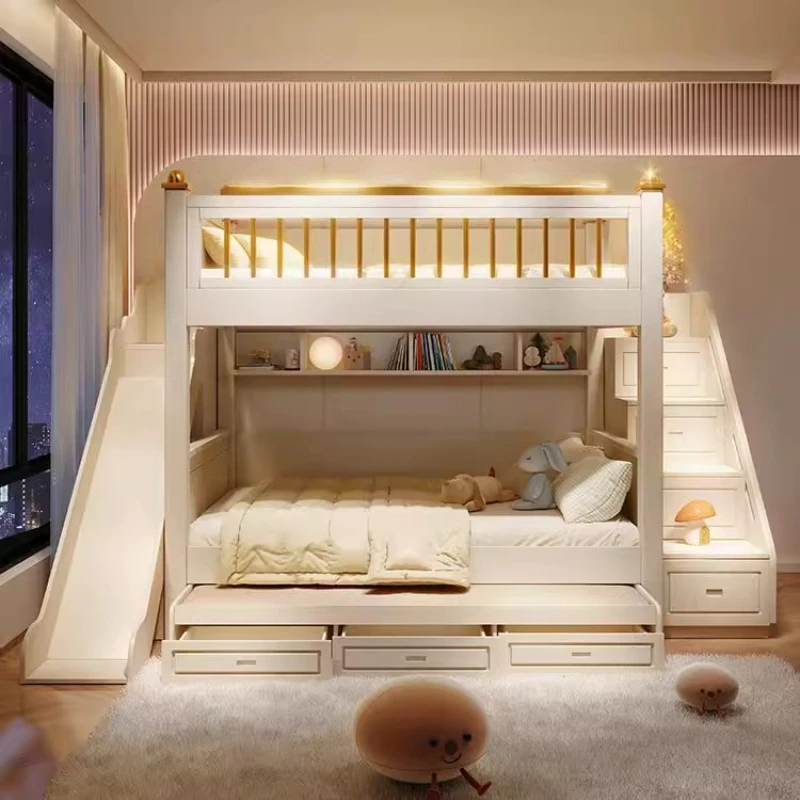 150 x 190 cm große Kingsize-Rahmen, Matratze, Kinder-Hochbett, 2 Personen, luxuriöse Etagenbetten mit 3 Schubladen, mit Rutsche, Leiter, Schlafzimmermöbel-Set