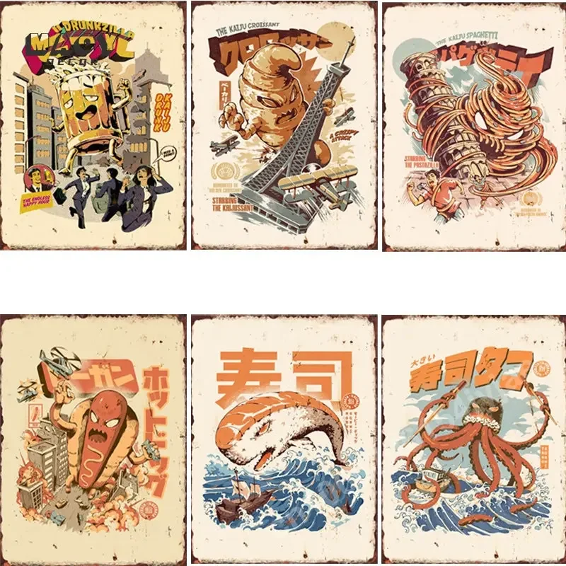 Vintage Kaiju Spaghetti Metall Blechschild Kreatives Essen Muster Plakette für Zuhause Wohnzimmer Café und Restaurant Wand Dezember Image