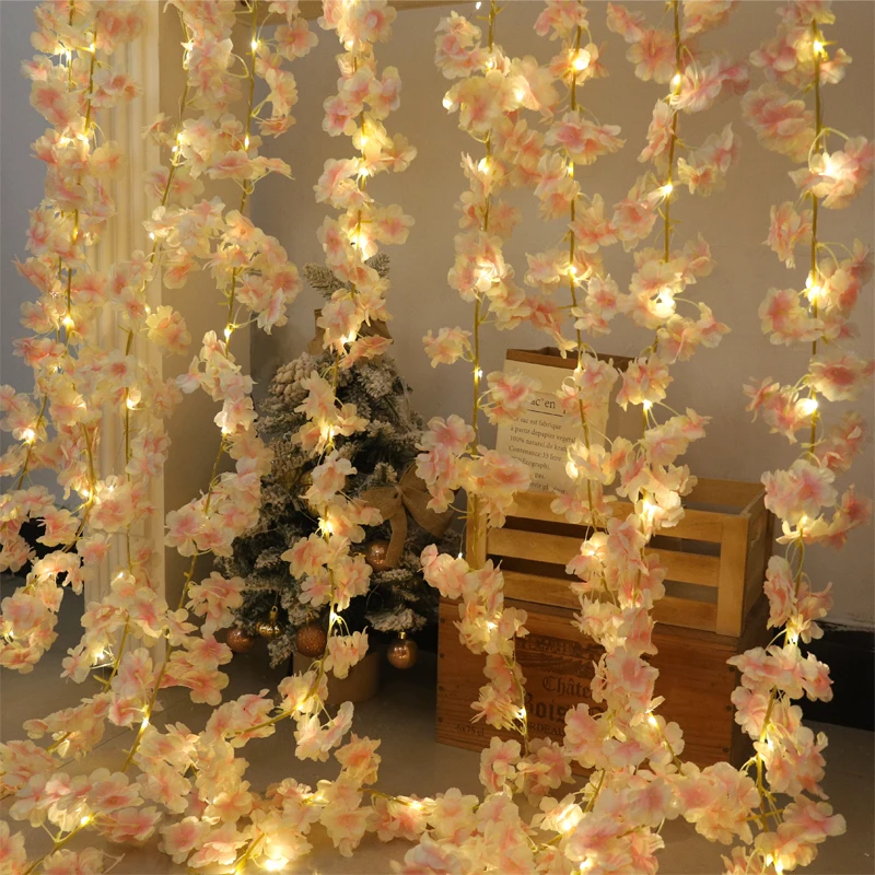 180CM Artificial Sakura Flowers Vine LED String for Wedding Garden Arch Decoration Home Room Wall Hanging Party Outdoor Ornament
