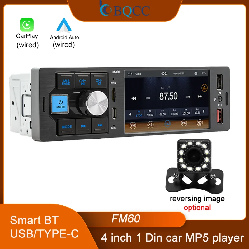 Bqcc 1 din 4 "Touchscreen Auto MP5-Player mit kabel gebundenen Android Auto Carplay Mirorlink FM BT bunte Lichter USB Typ-C Autoradio Image