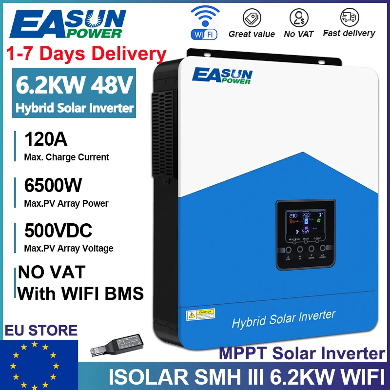 EASUN 6,2 KW 4,2 KW 3,2 KW 2,2 KW Hybrid Solar Inverter 48V 24V 12V 220V 120A MPPT Solar Lifapo4 Batterie Ladegerät Inverter Mit WIFI hybrid wechselrichter 48v Image