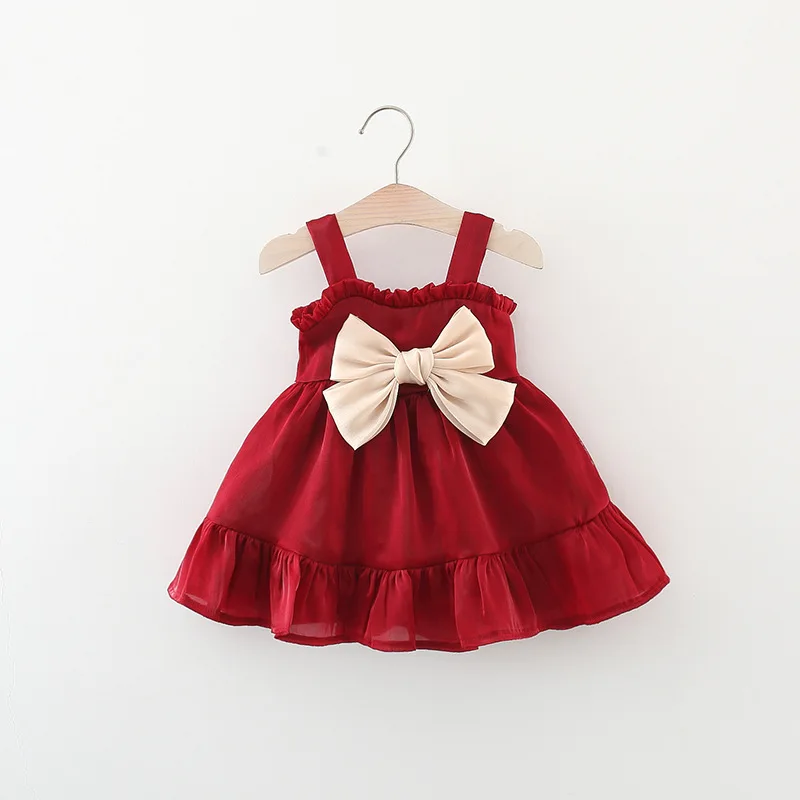 Sommer 0-2 Jahre Baby Mädchen Prinzessin Kleid Schleife Rot Hosenträger Kleid Elegantes Mädchen Hochzeit Party Kostüm Image