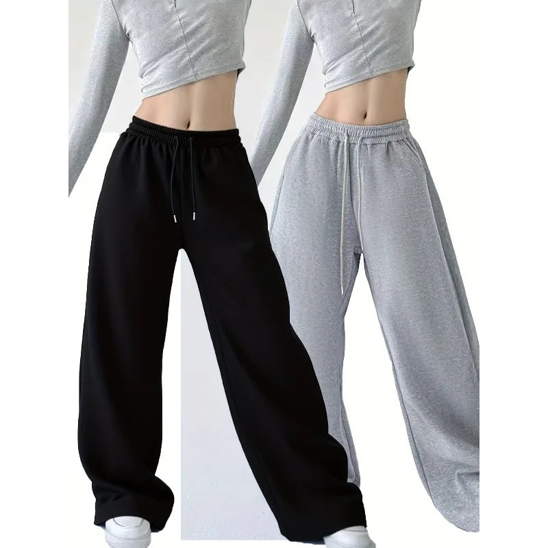 Lässige Damenhose mit geradem Bein, einfarbig, Schwarz und Grau, geeignet für bequeme Frühlings- und Herbstsaison Image