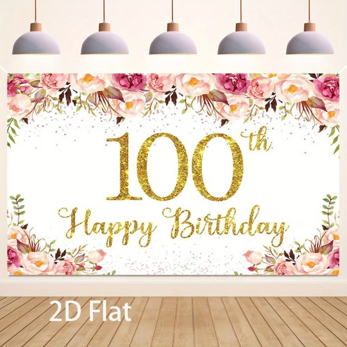 Ein eleganter Hintergrund zum 100. Geburtstag mit glitzerndem „100“- und Blumenmuster – weiß mit rosa Punkten, Polyester