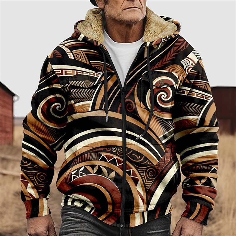 Men's Graphic Hoodie Jacket Fashion Ethnic Casual Long Sleeve Hooded Outdoor Sports Outdoor Going out Light Brown Dark orange Red Orange Brown Pocket Print Fleece Winter Designer S M L XL 2XL 3XL