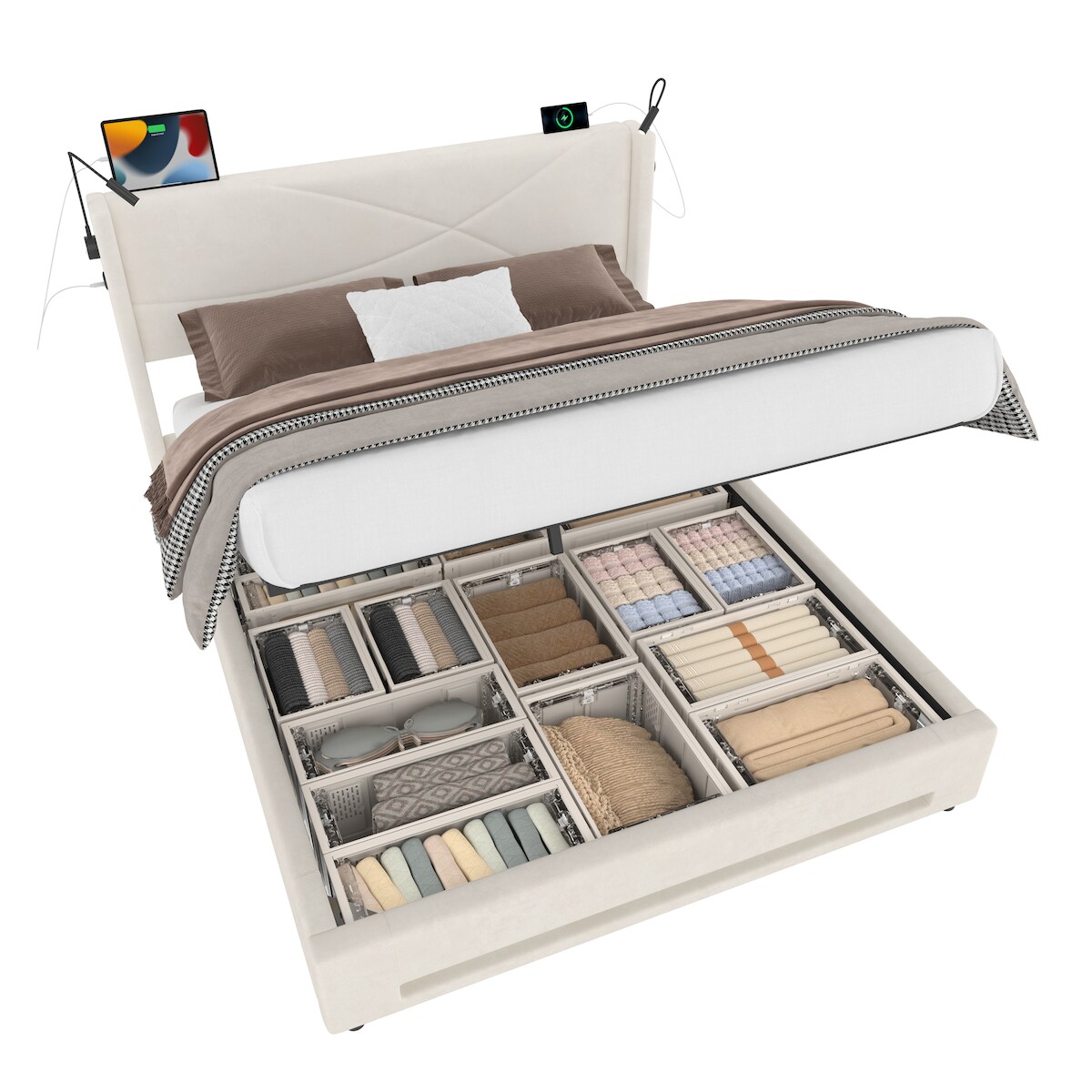OKWISH Bettgestell 140x200 cm Velvet Kopfteil LED-Beleuchtung Hydraulisches Stauraumsystem USB-Anschlüsse Modern Beige Image