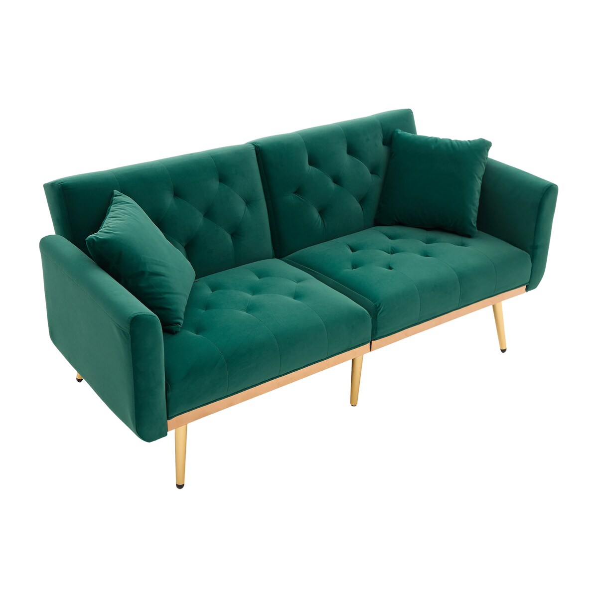 OKWISH Zweisitzer Sofa Schlafsofa mit 3-fach verstellbarer Rückenlehne, Velvet Bezug, Metallbeine, Kissen, platzsparend, Wohnzimmer,70×160cm Smaragd Image