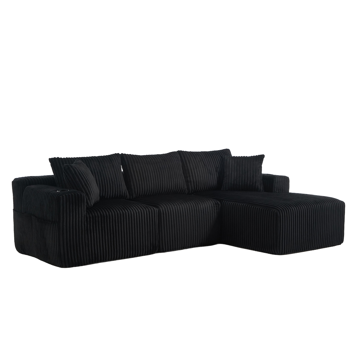 OKWISH Modulares Sofa 2-Sitzer + Chaiselongue, Cordstoff, 5 Kissen, Cupholder, Seitentaschen, pflegeleicht, sofort einsatzbereit, Schwarz, 160x250 cm Image
