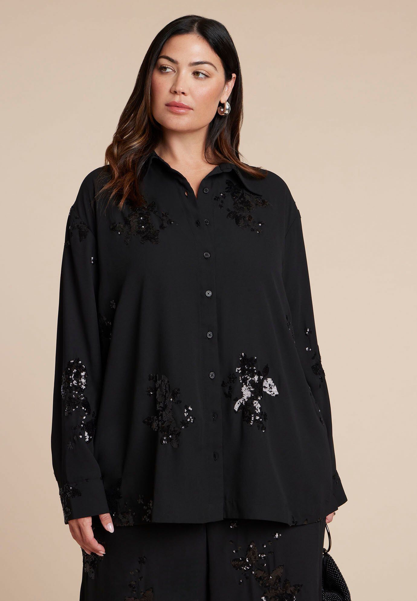Plus Size Women's Oversized Embellished Top by ELOQUII in Sequin Flower (Size 28)