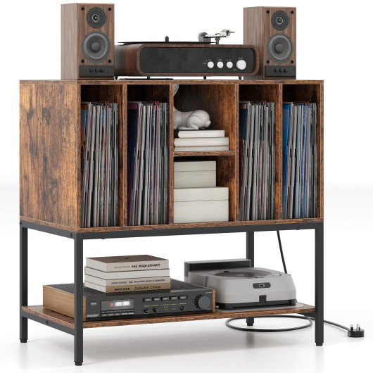 Costway Record Player Stand with Charging Station and Metal Frame-Rustic Brown