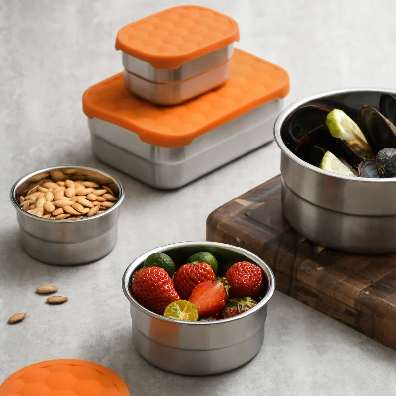 Boîte de stockage des aliments en acier inoxydable avec couvercle en Silicone, boîte de conservation des aliments frais pour déjeuner Portable, réfrigérateur, congélateur, organisateur de nourriture