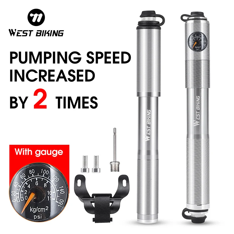 WEST BIKING Tragbare Fahrradpumpe mit Manometer und Luftschlauch, max. 160 PSI, Reifenfüller aus Aluminiumlegierung, MTB, Rennrad-Zubehör Image