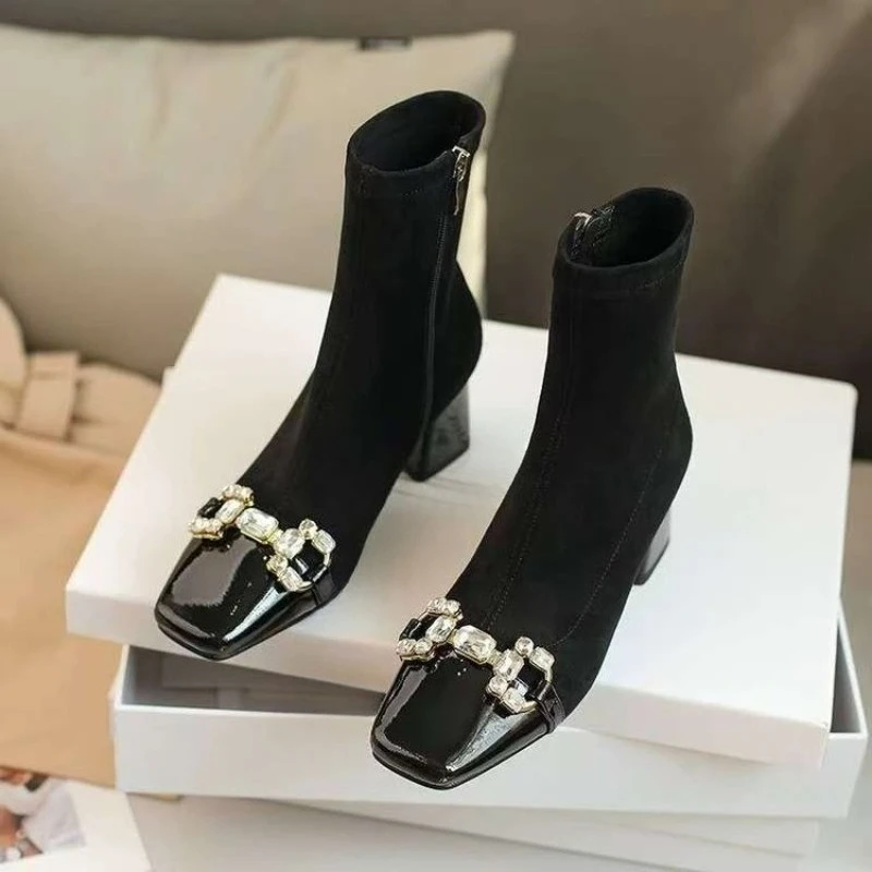 2025 neue Strass Stretch Dünne Stiefel Karree Blockabsatz High Heel Booties Frauen Frühling und Herbst Einzigen Stiefel Image