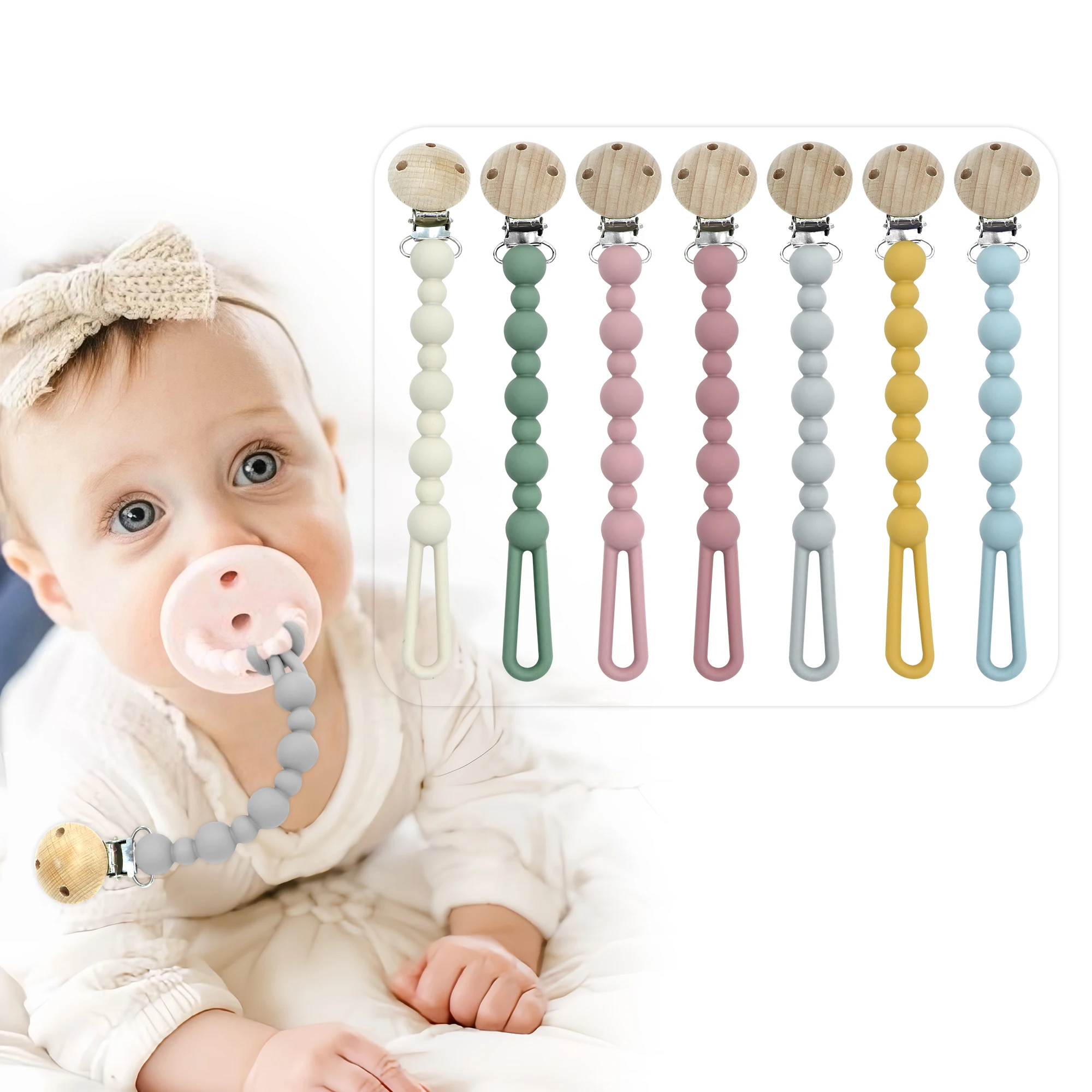 Silikon-Schnuller-Clip-Halter, einteilige Perlen, weiche, flexible Binky-Clips, Schnuller-Clips für Mädchen und Jungen, Essentials für Neugeborene Image