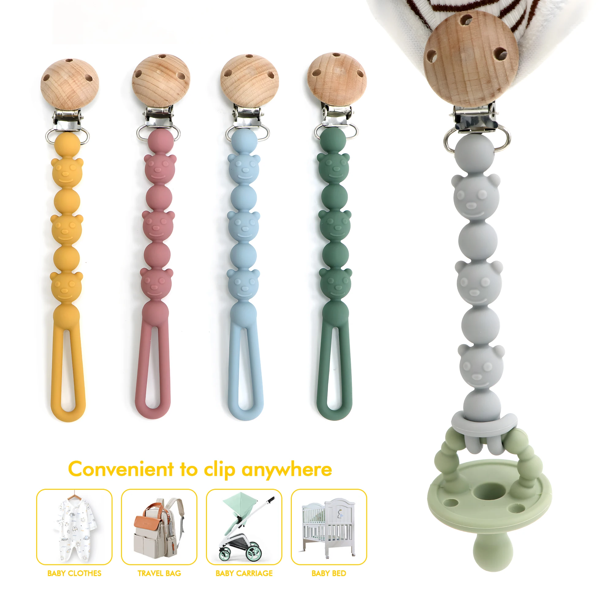 Silikon-Schnullerclips mit einteiliger Bärenform für Jungen und Mädchen, zum Zahnen und Babyutensilien, sicher für Neugeborene Image