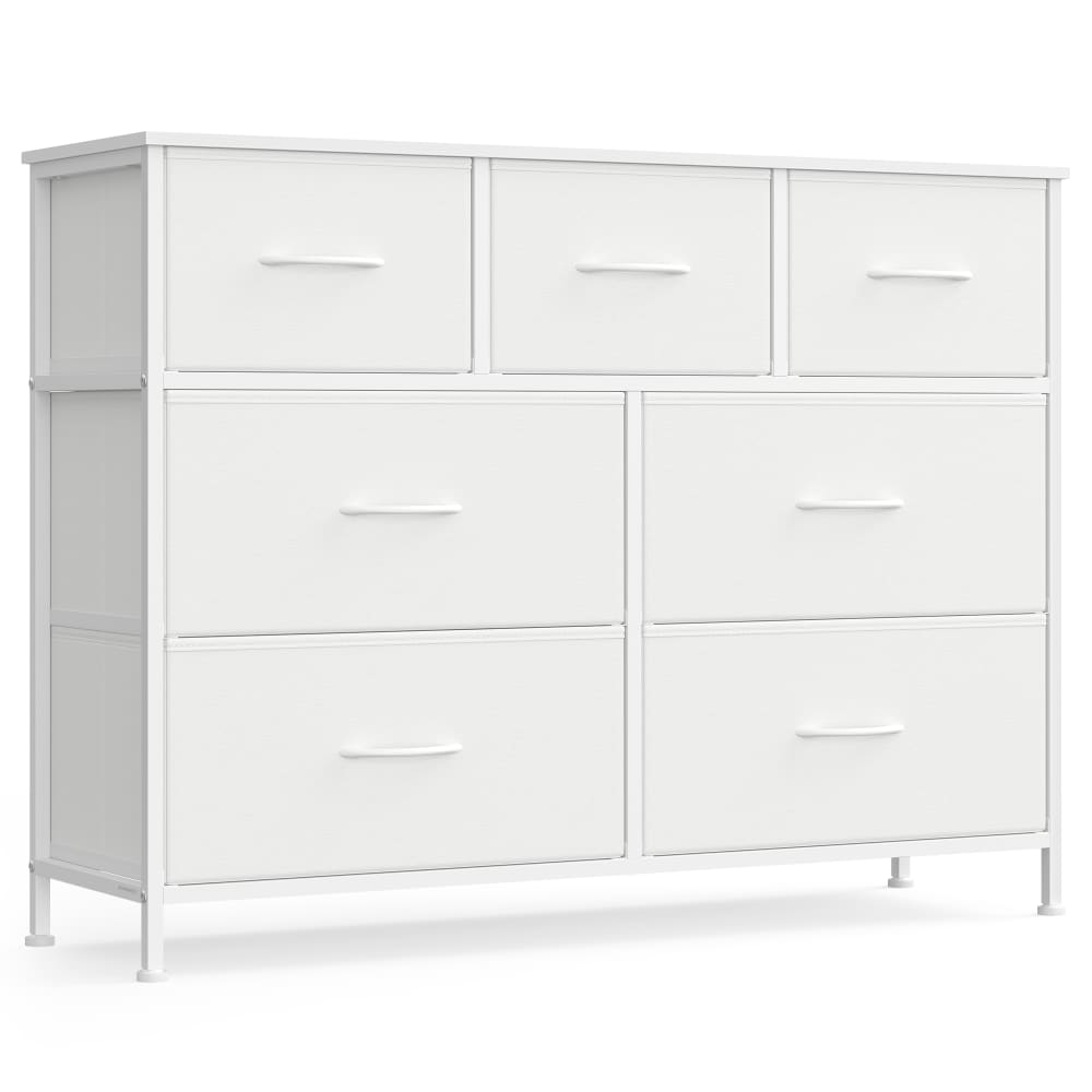 Commode 7 tiroirs acier panneau mdf tissu non-tissé blanc et blanc