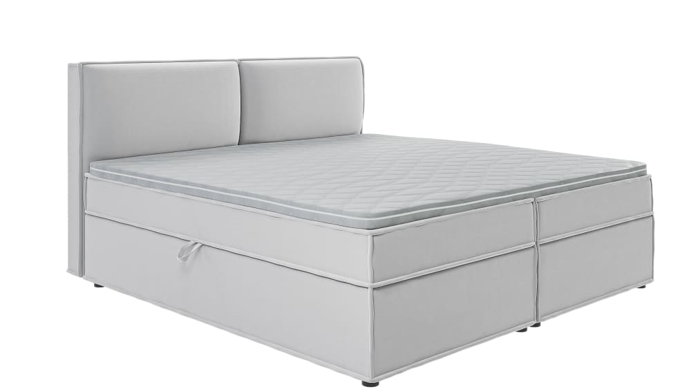 Lit boxspring 200x200 avec rangements, microfibre argenté