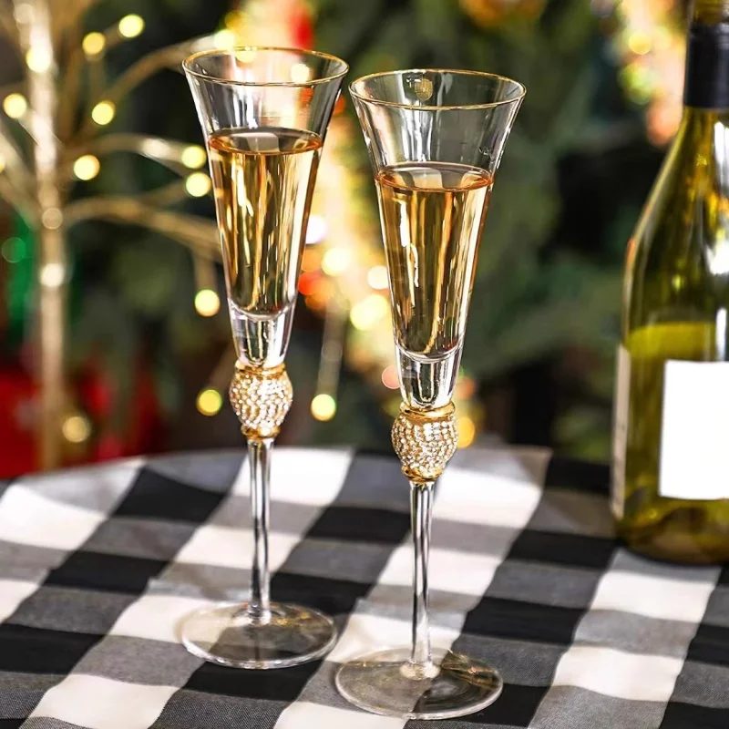 Luxury Crystal Wine Glasses Set - Diamond-Trimmed Gold Rim Stemware for Champagne, Cocktails & Elegant Home Bar Decor