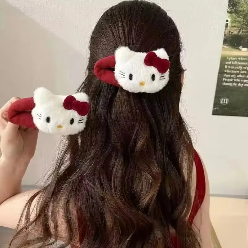Kawaii Haarnadel Herbst und Winter süße Plüsch Kitty süße rote Schleife Haarnadel Mädchen Pony Cartoon BB Haarschmuck