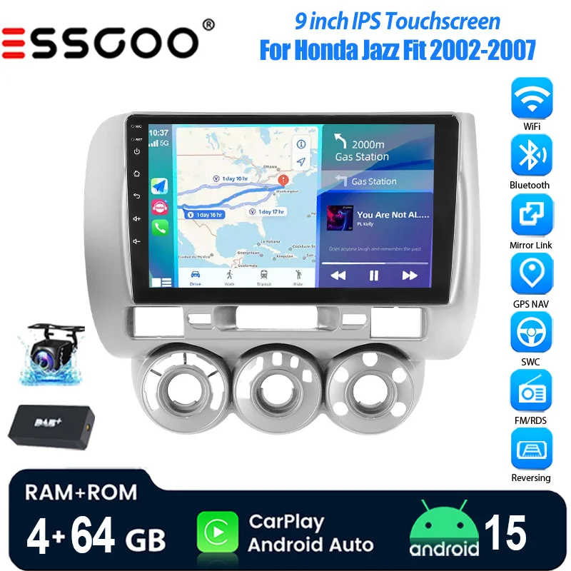 ESSGOO Android15 Autoradio 9" 4+64 GB für Honda Fit Jazz 2002-07 Bluetooth Wireless CarPlay Android Auto GPS Navigation RDS WiFi FM Mirror Link Lenkradsteuerung IPS Kapazitiver Touchscreen Image