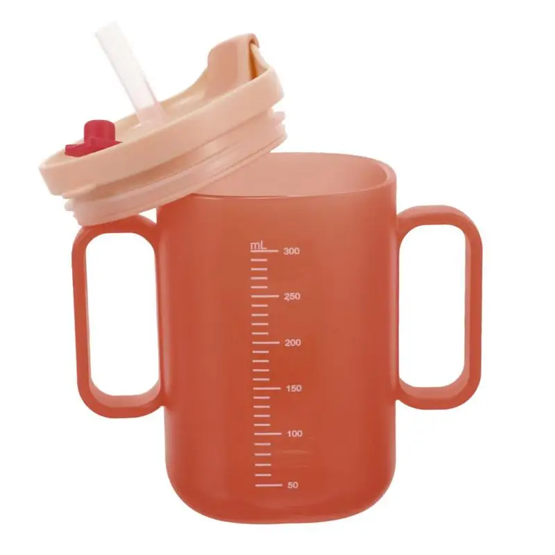 300 ml auslaufsichere Becher für Erwachsene, ältere Menschen, Wasserbecher mit Griffen, auslaufsicherer Becher, Wasserflasche mit Deckel und Strohhalm Image