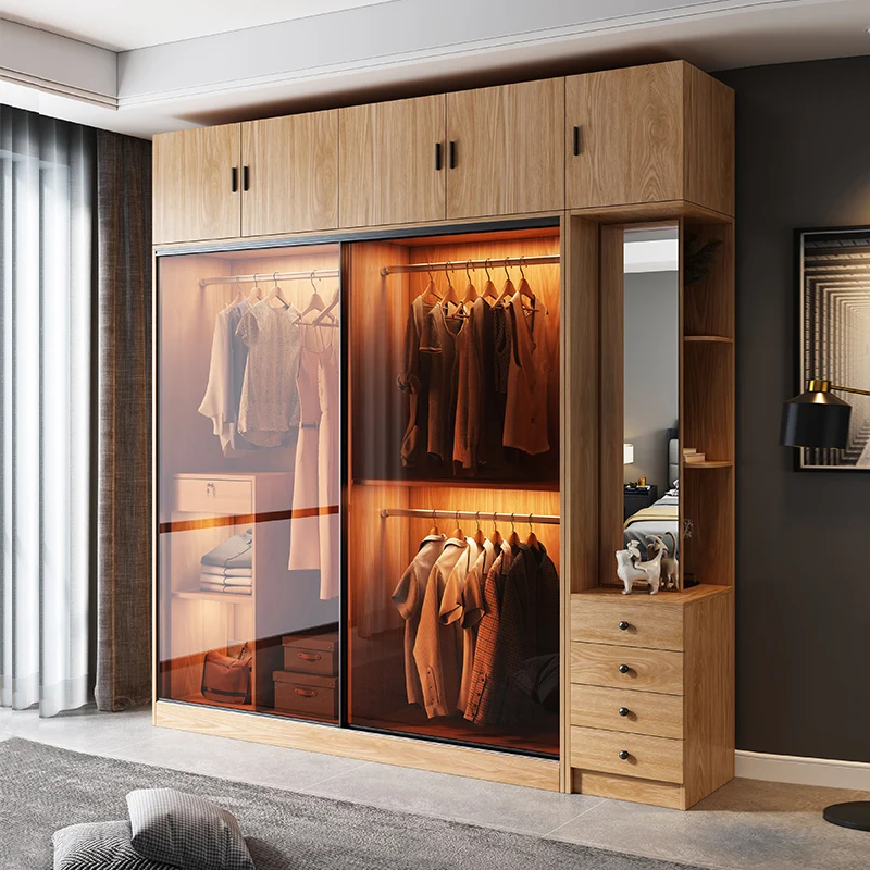 Schiebetür-Kleiderschränke, Glas, Holz, Organizer, Kleiderschrank, Dekoration, ästhetisches Schlafzimmer, seitlicher Schrank, Vestidores-Möbel