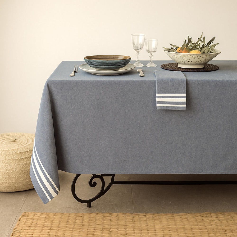 Nappe + 10 serviettes coton bleu jean 180x400