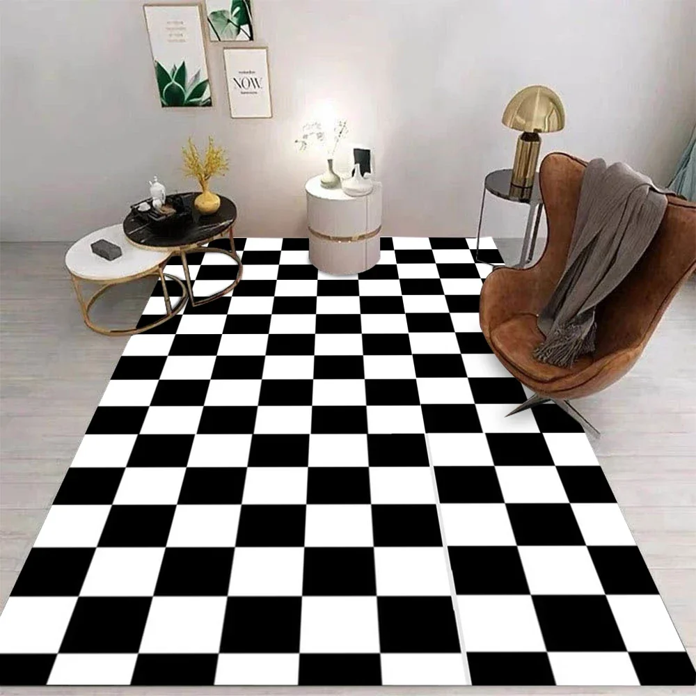 MINISO Checkerboard Grid Carpet Cartoon Living Room Bedroom Kitchen Sofa Table Balcony Rug Non-slip Washable Mat Home Ornaments