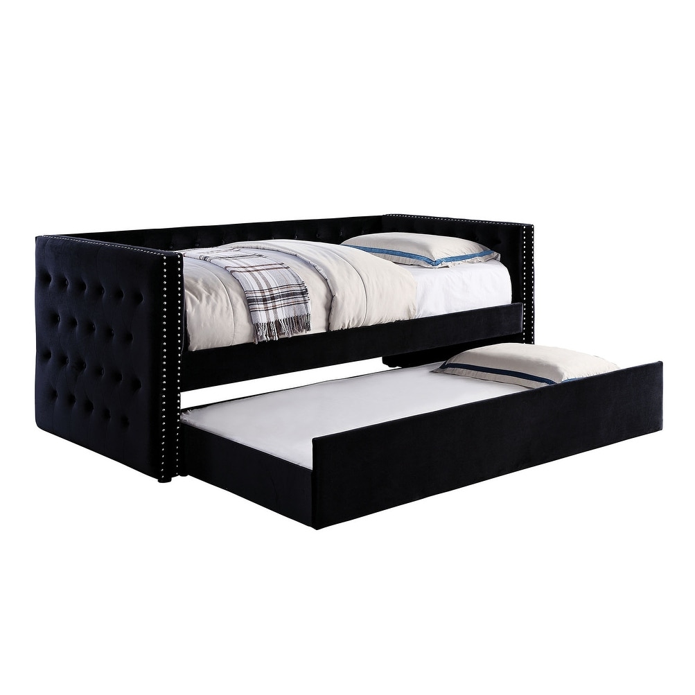 Transitional Style Daybed With Trundle Padded Button Tufted Upholstery Nailhead Trim Included Slat Kit Tuxedo Design Black